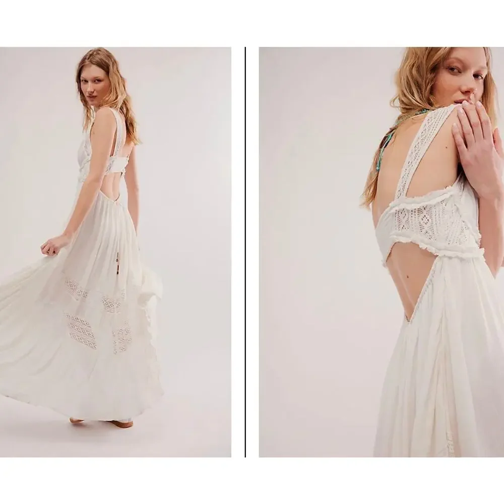 Free People Free-Est Hadlee Maxi Dress Boho Crochet Open Back - Medium - Picture 2 of 4